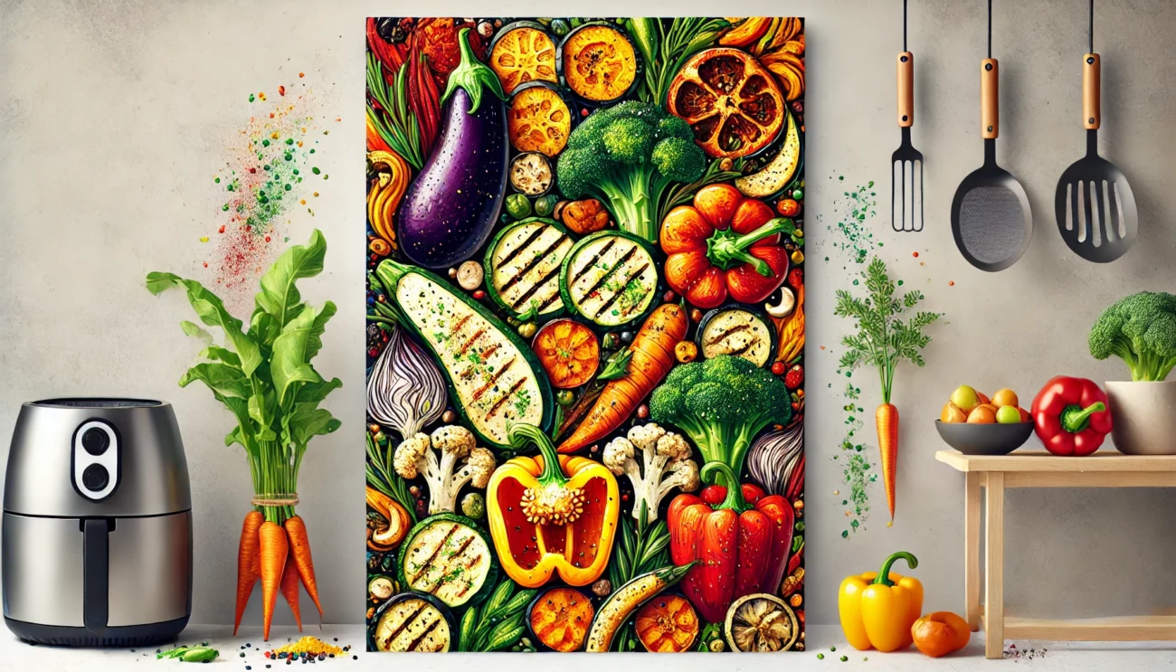 Cosori DALL·E 2025 01 15 19.02.27 A colorful banner featuring an artistic arrangement of vegetables including zucchini slices seasoned with Herbes de Provence golden roasted eggplant